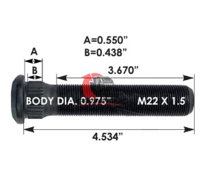 Шпилька колесная задняя OD=24.76mm/L=115.16mm/M22X1.5/VOLVO VNL/INTER 9200, GUN W1270